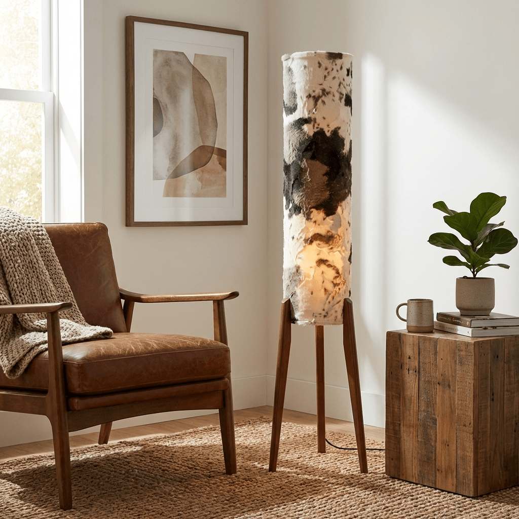 Terra Ink Column Floor Lamp – Sculptural Wooden Tripod Floor Light