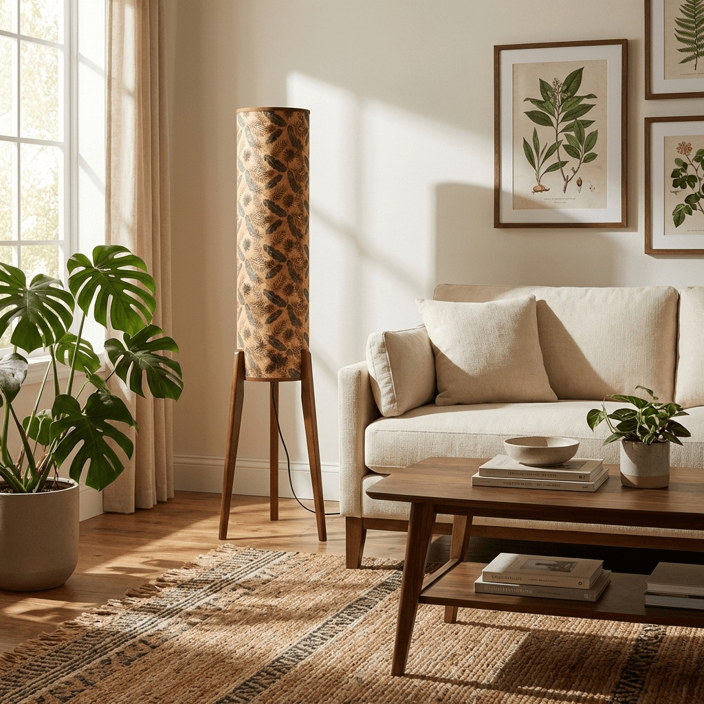 Terra Ink Column Floor Lamp – Sculptural Wooden Tripod Floor Light