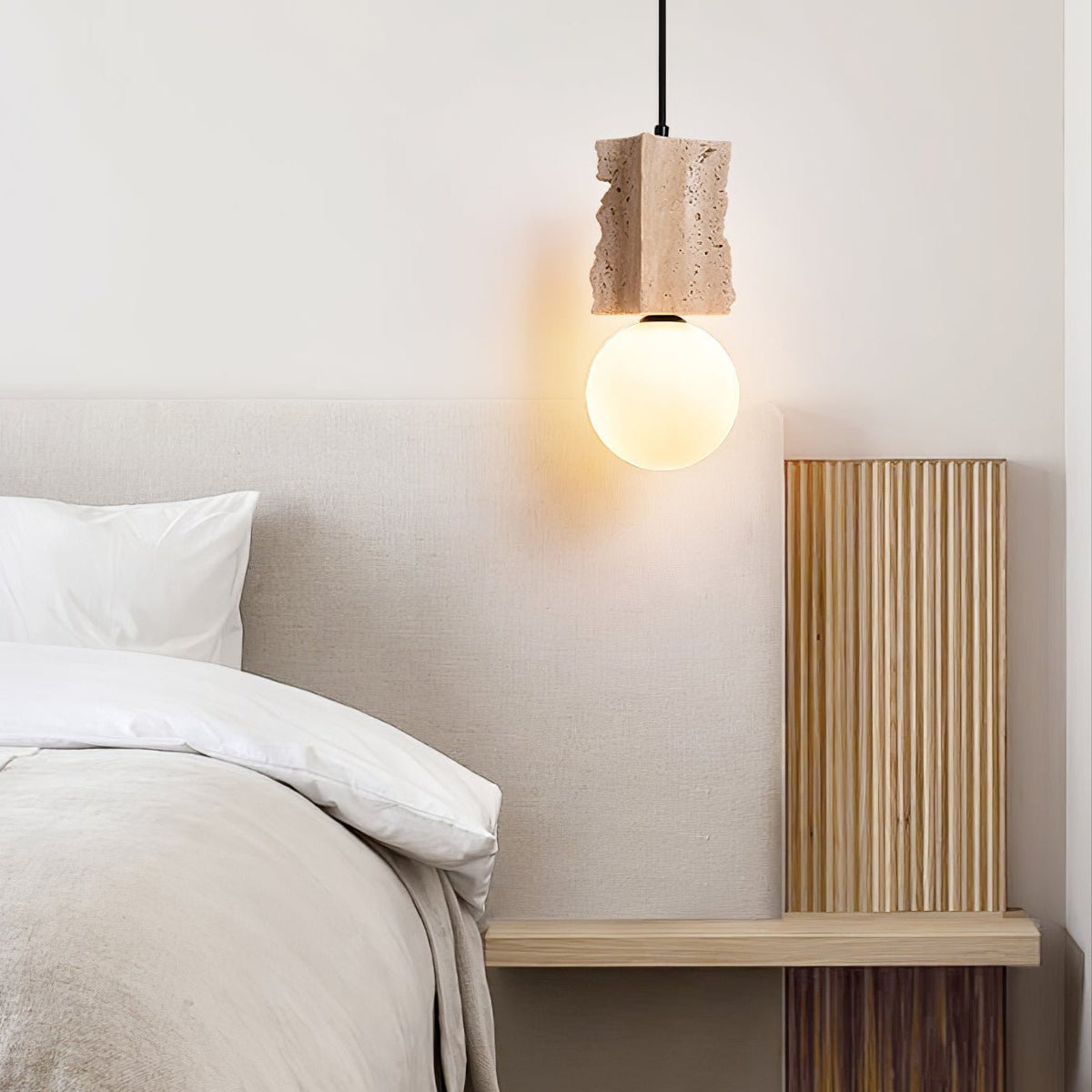 Terra Orb Pendant Light in Yellow Travertine with Opal Glass Globe