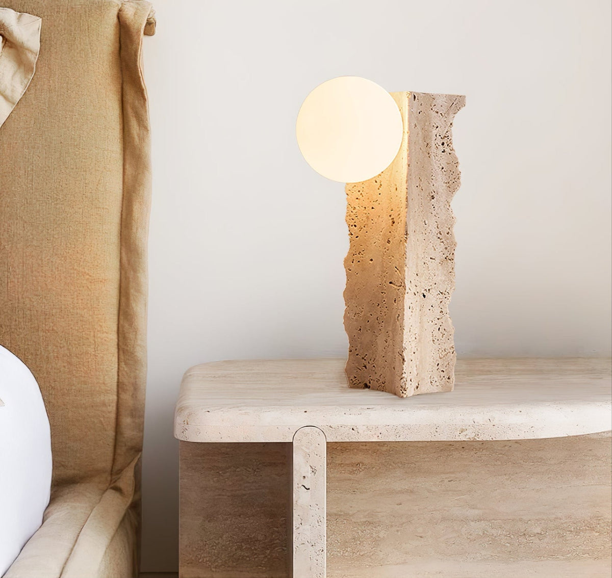 Terra Orb Sculptural Travertine Table Lamp with Opaline Glass Shade