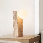 Terra Orb Sculptural Travertine Table Lamp with Opaline Glass Shade