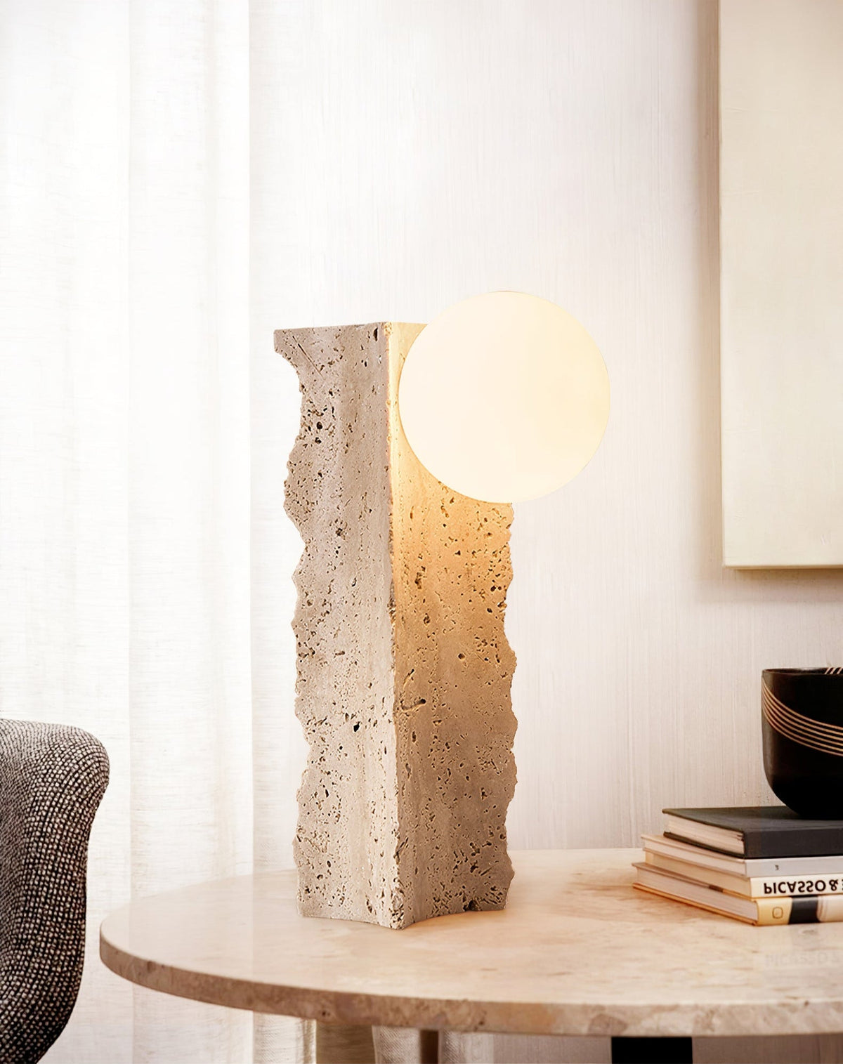Terra Orb Sculptural Travertine Table Lamp with Opaline Glass Shade