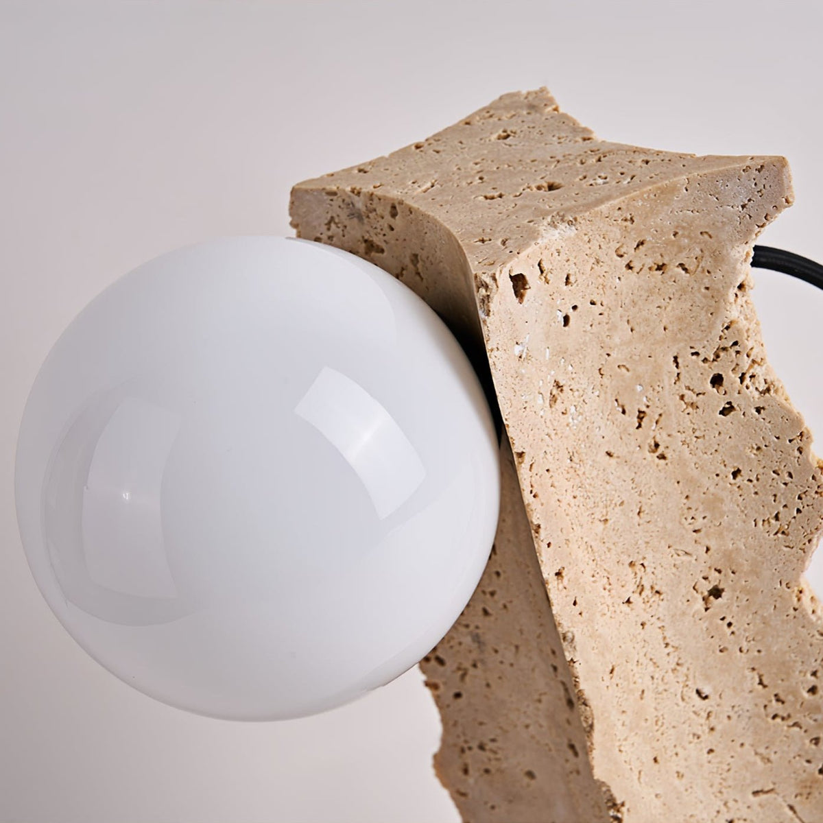 Terra Orb Sculptural Travertine Table Lamp with Opaline Glass Shade