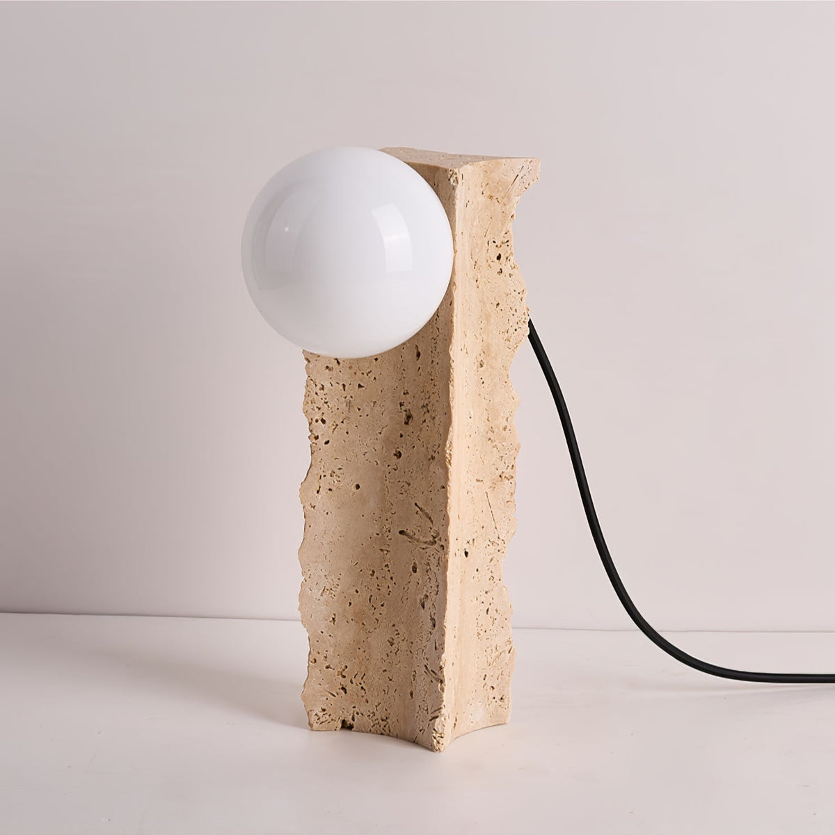 Terra Orb Sculptural Travertine Table Lamp with Opaline Glass Shade