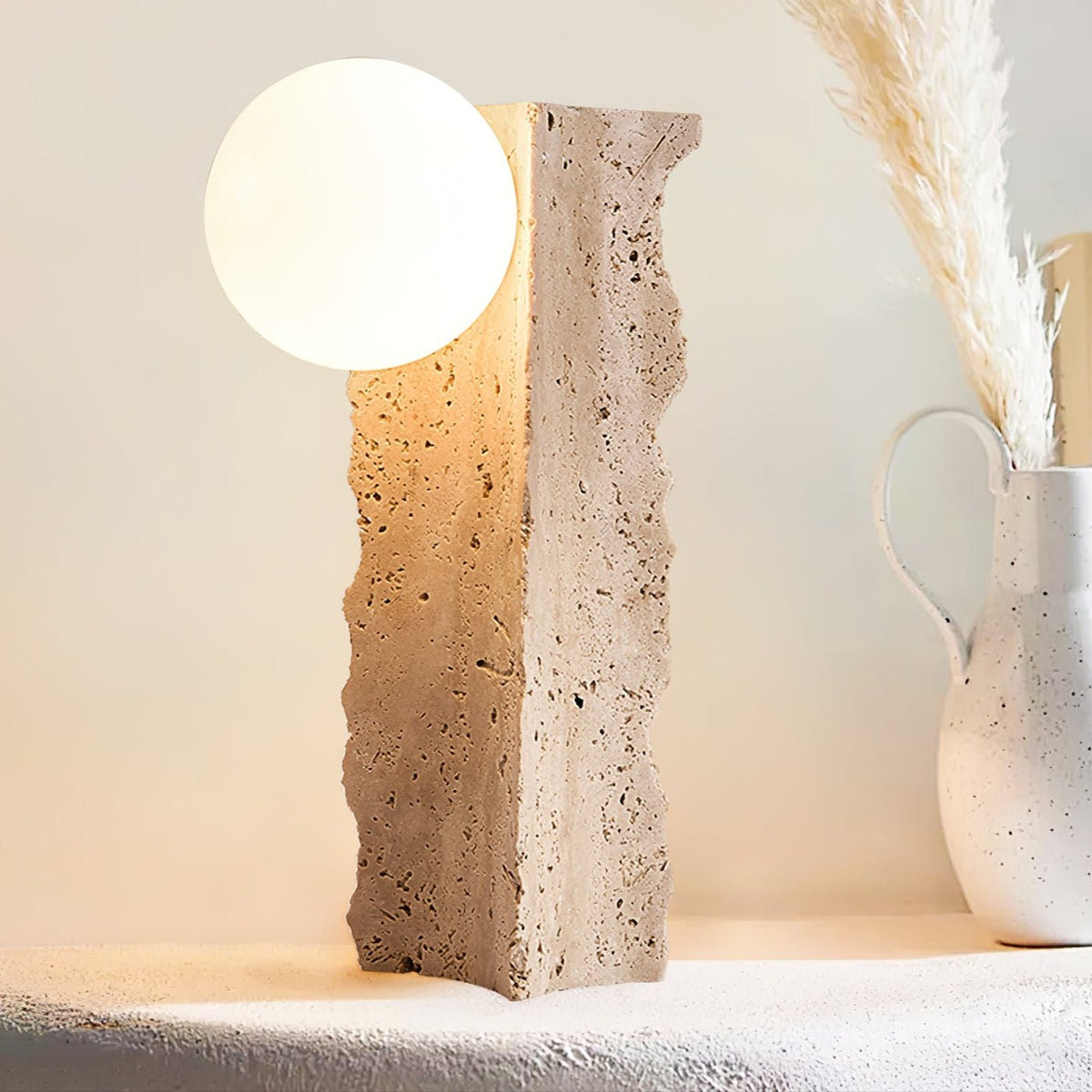 Terra Orb Sculptural Travertine Table Lamp with Opaline Glass Shade