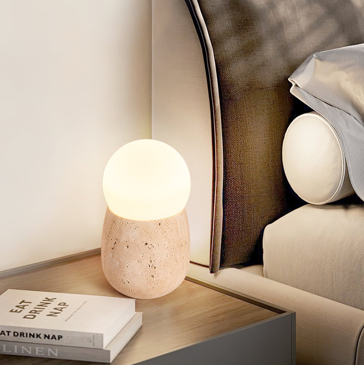 Terra Orb Travertine Table Lamp with Opal Glass Shade