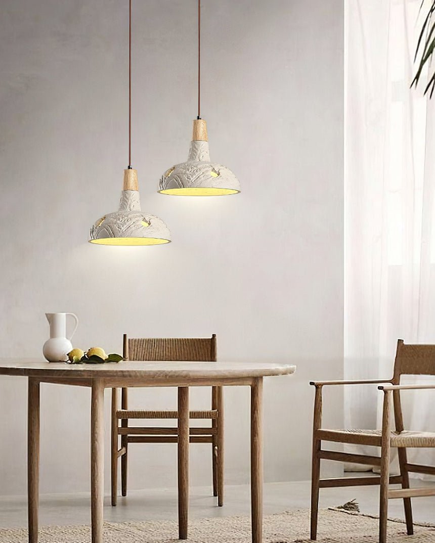 Cement Carve Pendant Light – Handcrafted Concrete & Wood Hanging Lamp for Dining, Kitchen, Living Room