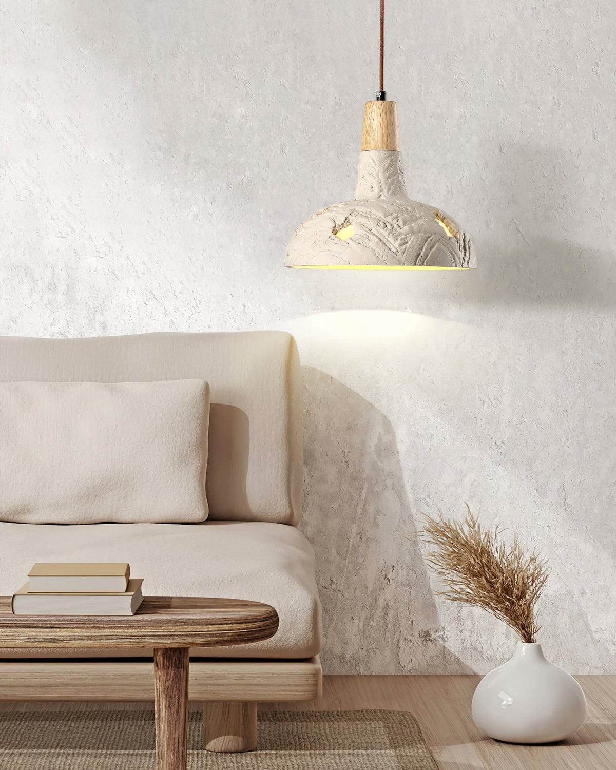 Cement Carve Pendant Light – Handcrafted Concrete & Wood Hanging Lamp for Dining, Kitchen, Living Room