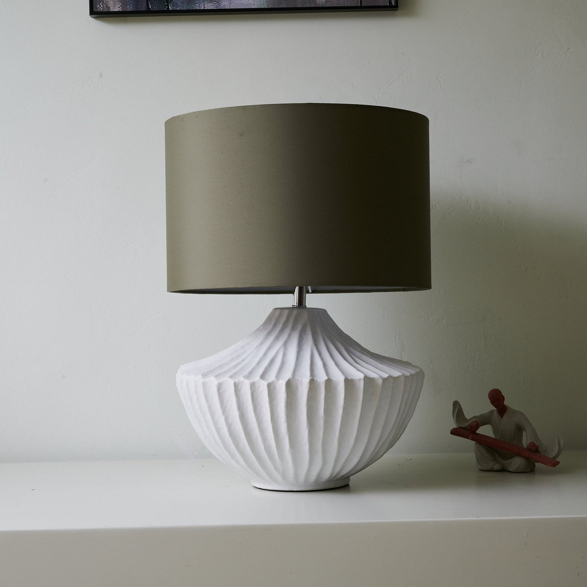 Terra Shell Ceramic Table Lamp with Olive Fabric Shade for Bedroom and Living Room