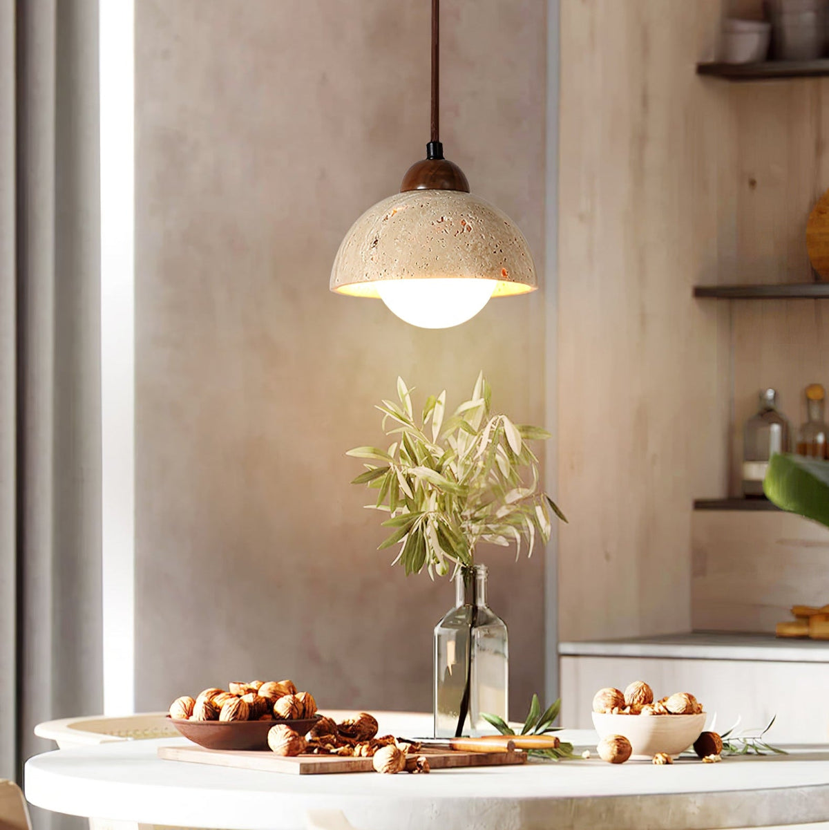 Terralume Dome Travertine Pendant Light with Opal Glass Globe