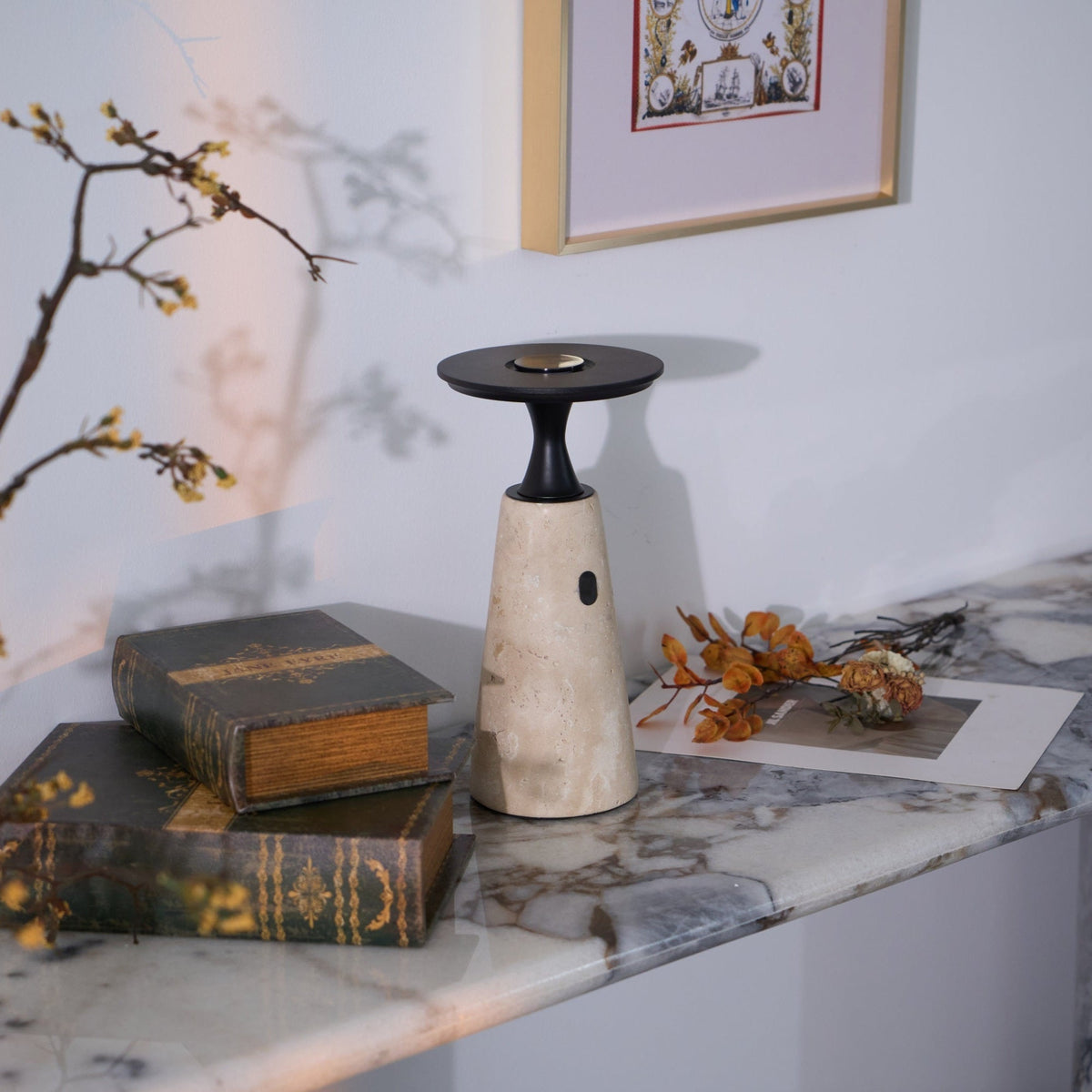 Terrava Rechargeable Table Lamp in Travertine and Matte Black