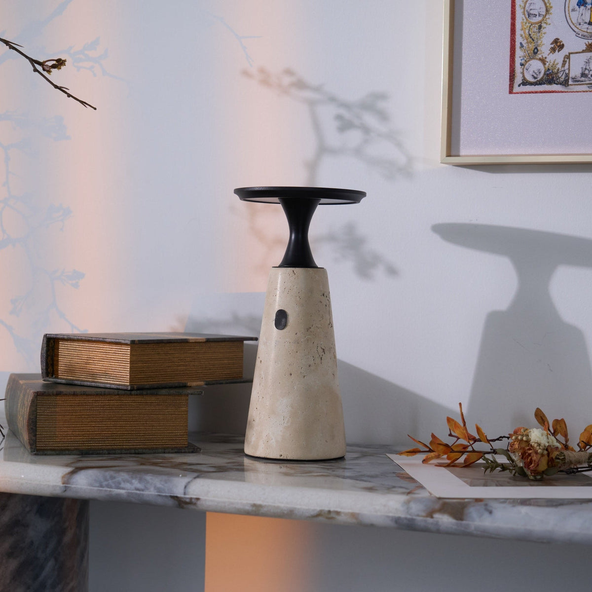 Terrava Rechargeable Table Lamp in Travertine and Matte Black