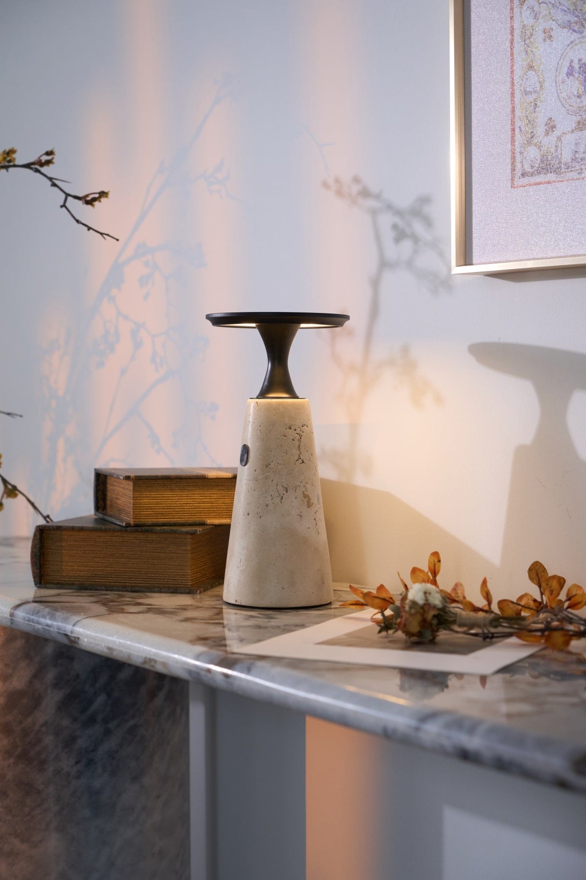 Terrava Rechargeable Table Lamp in Travertine and Matte Black