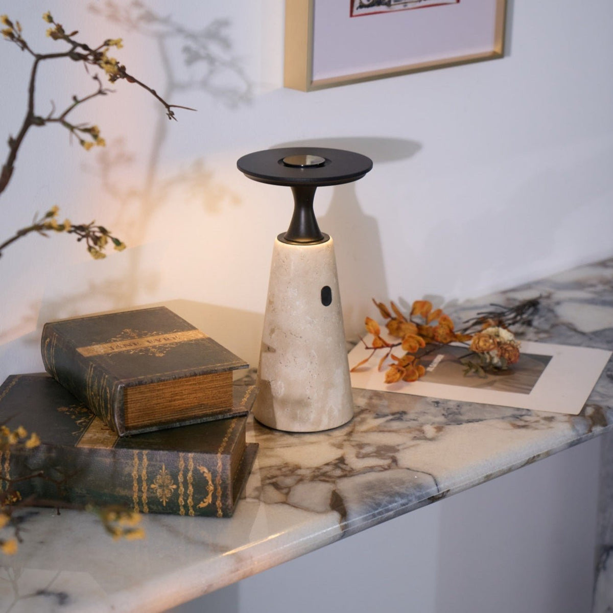 Terrava Rechargeable Table Lamp in Travertine and Matte Black