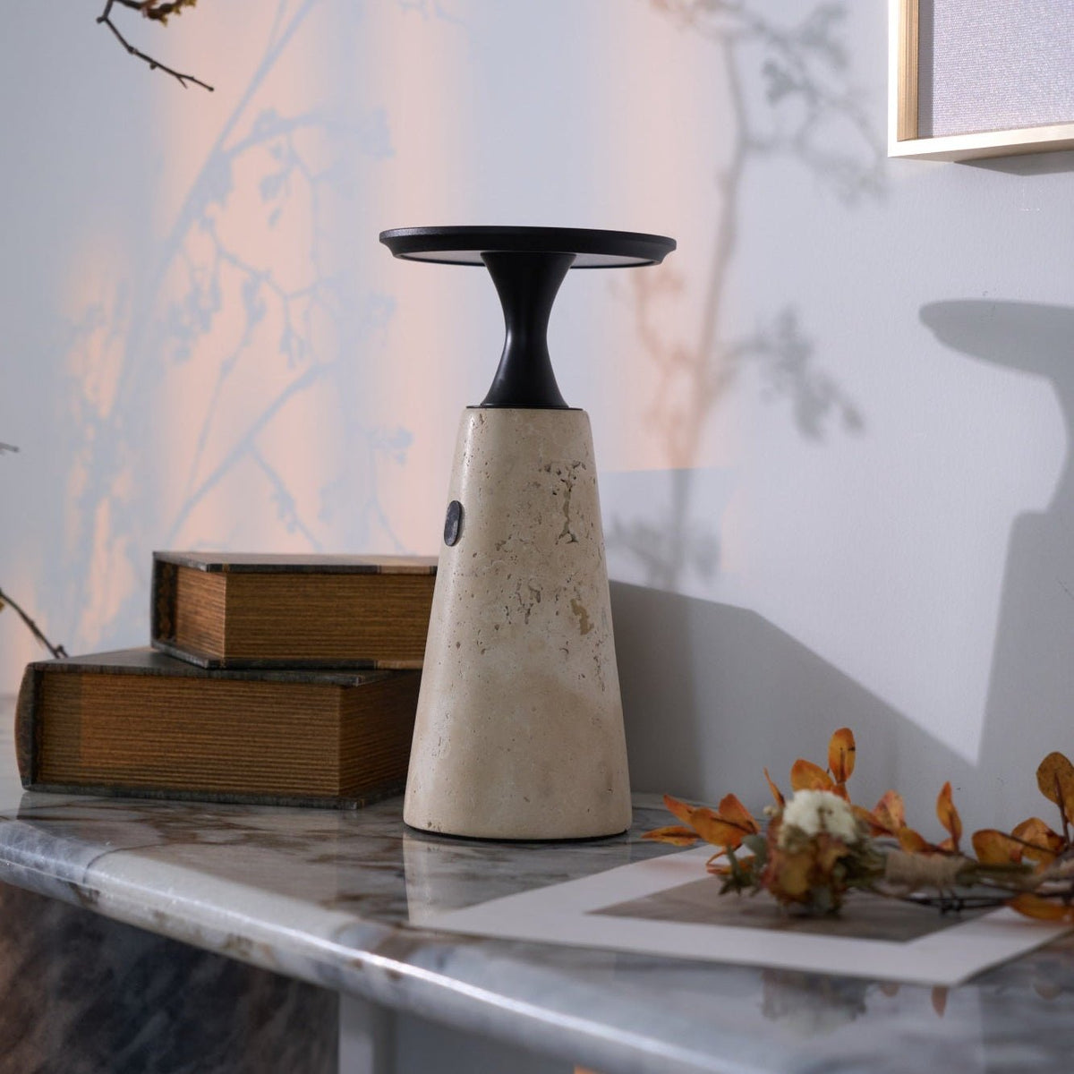 Terrava Rechargeable Table Lamp in Travertine and Matte Black