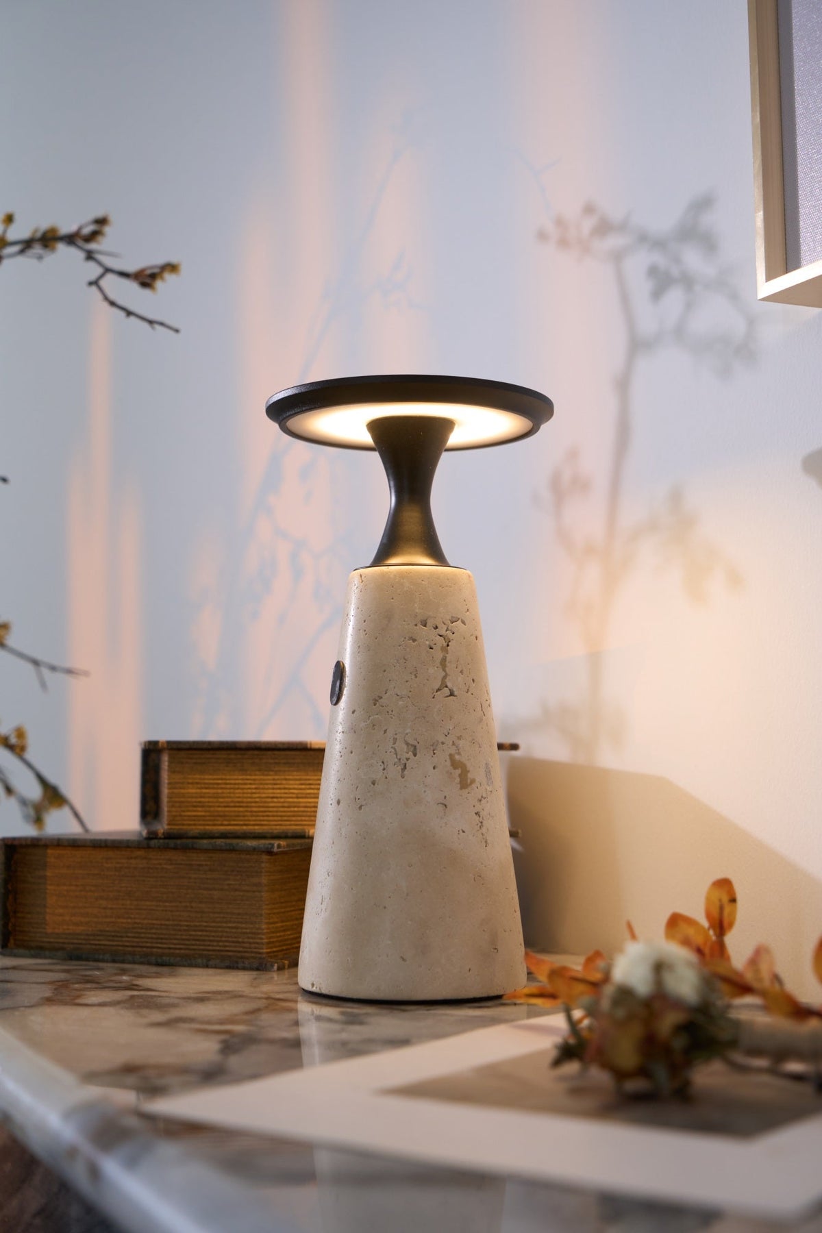 Terrava Rechargeable Table Lamp in Travertine and Matte Black