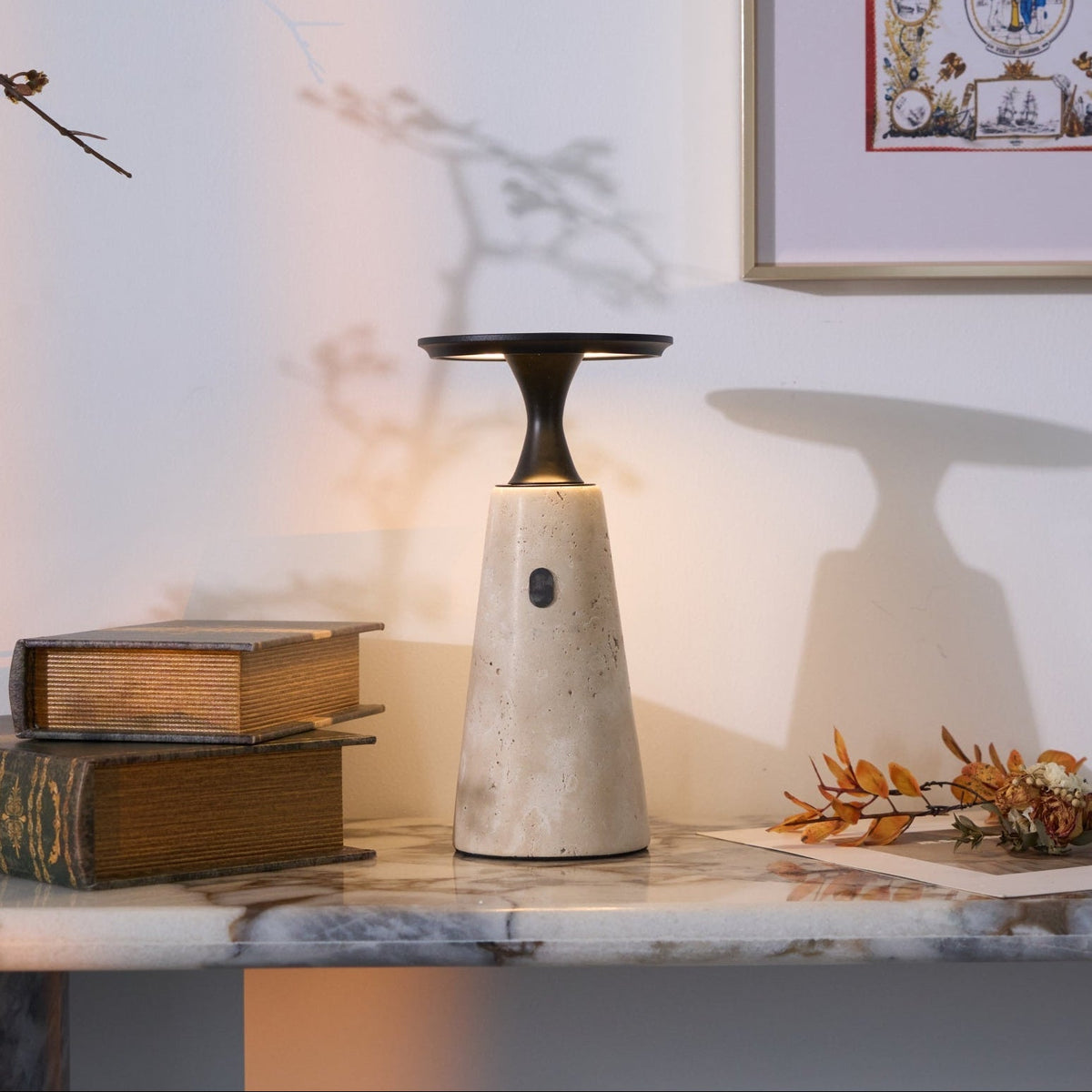Terrava Rechargeable Table Lamp in Travertine and Matte Black