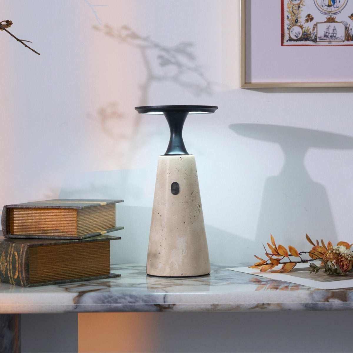 Terrava Rechargeable Table Lamp in Travertine and Matte Black