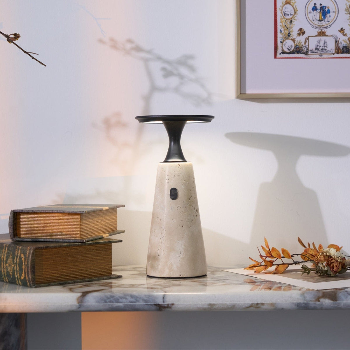Terrava Rechargeable Table Lamp in Travertine and Matte Black