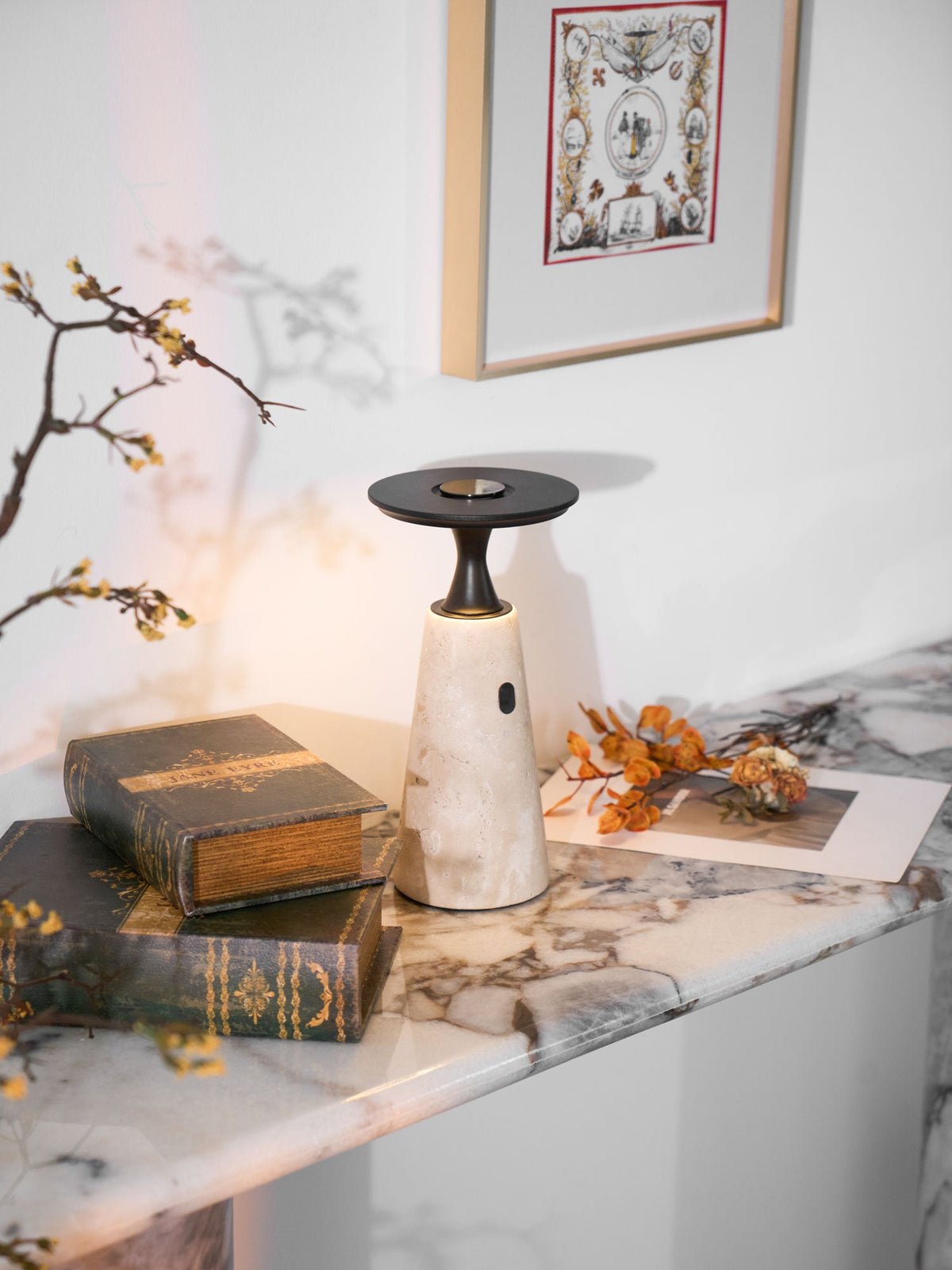 Terrava Rechargeable Table Lamp in Travertine and Matte Black