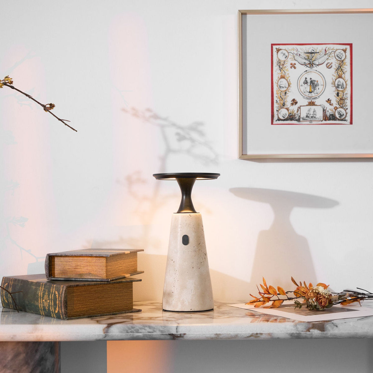 Terrava Rechargeable Table Lamp in Travertine and Matte Black