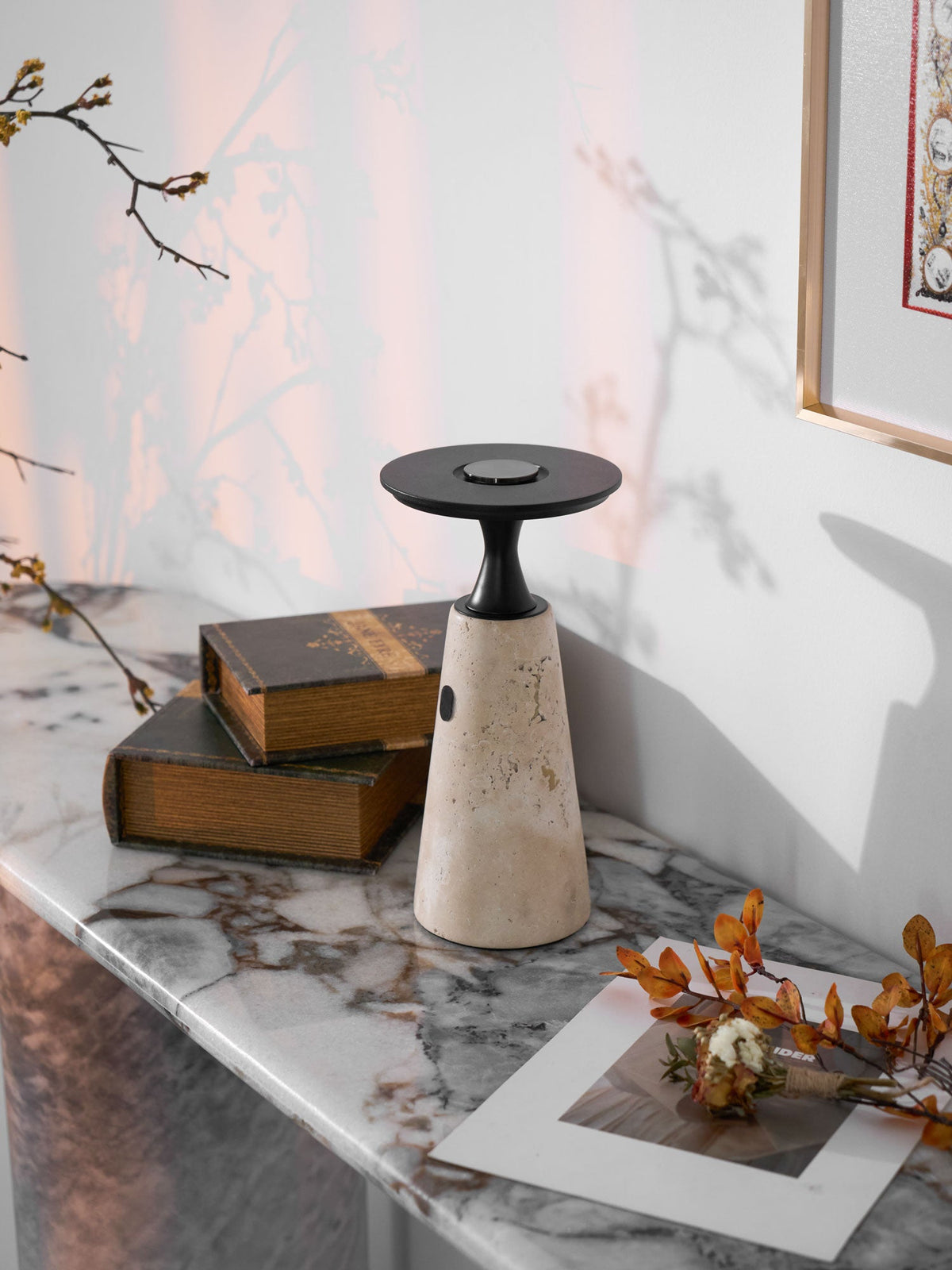 Terrava Rechargeable Table Lamp in Travertine and Matte Black