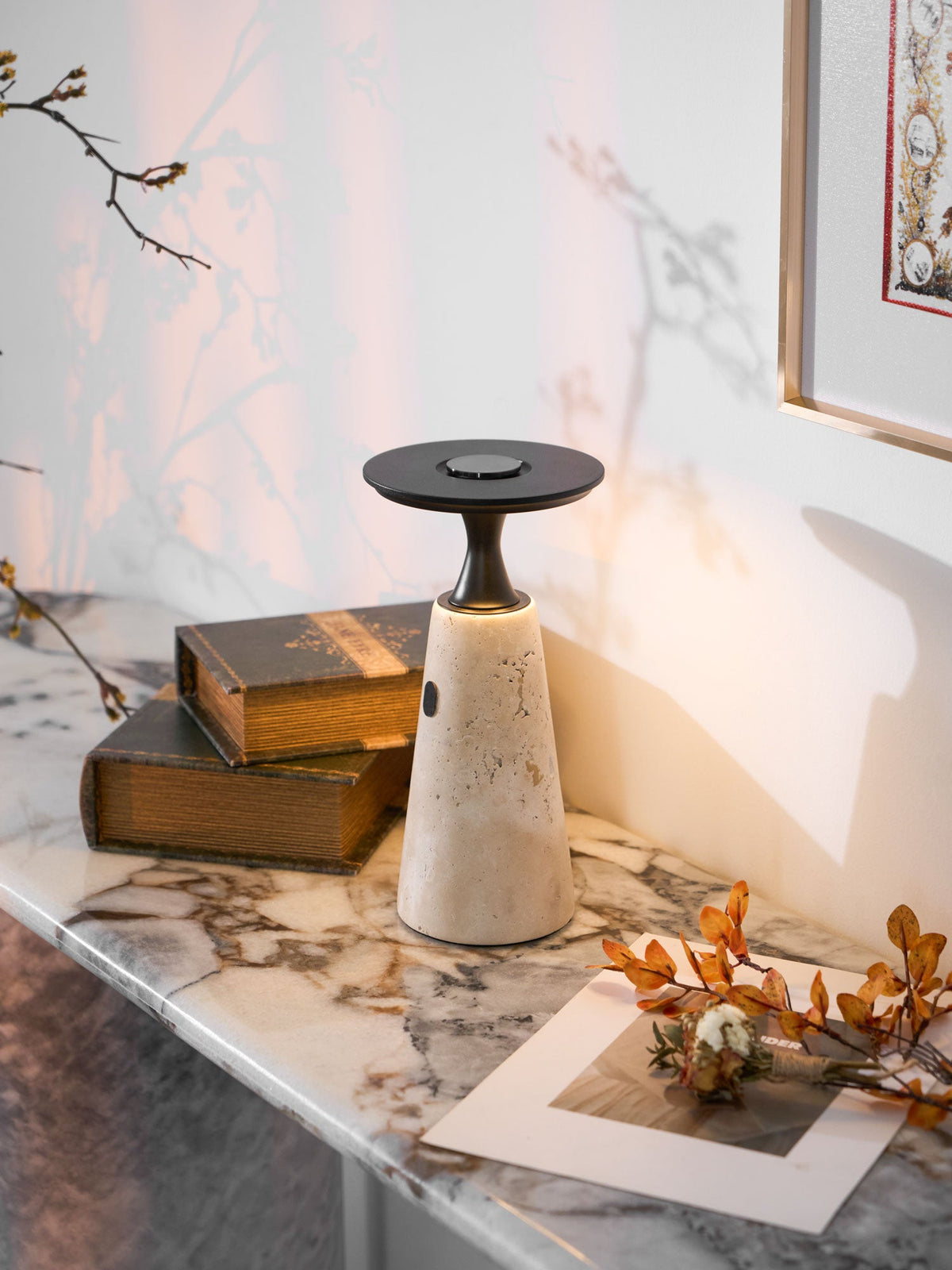Terrava Rechargeable Table Lamp in Travertine and Matte Black