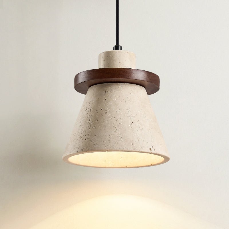 Terrona Ring Pendant Light in Natural Travertine and Walnut Wood