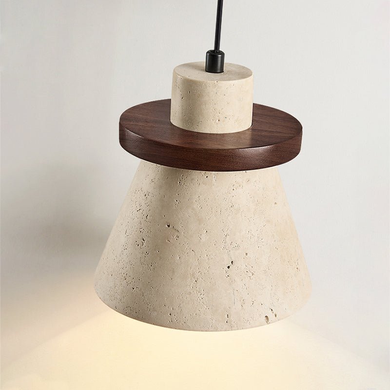 Terrona Ring Pendant Light in Natural Travertine and Walnut Wood