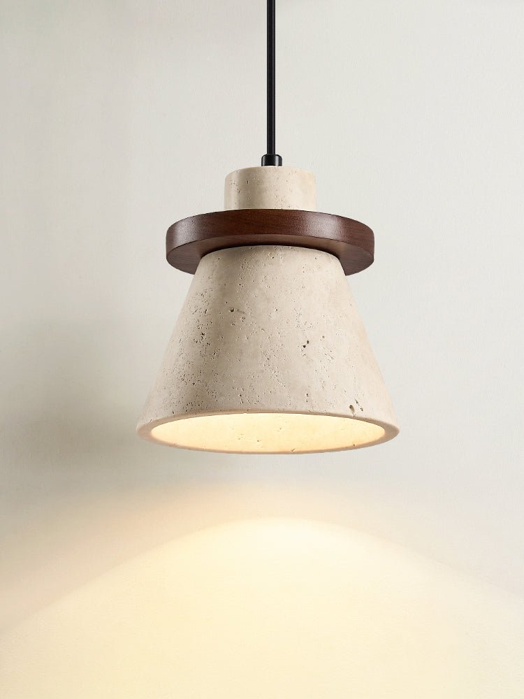 Terrona Ring Pendant Light in Natural Travertine and Walnut Wood