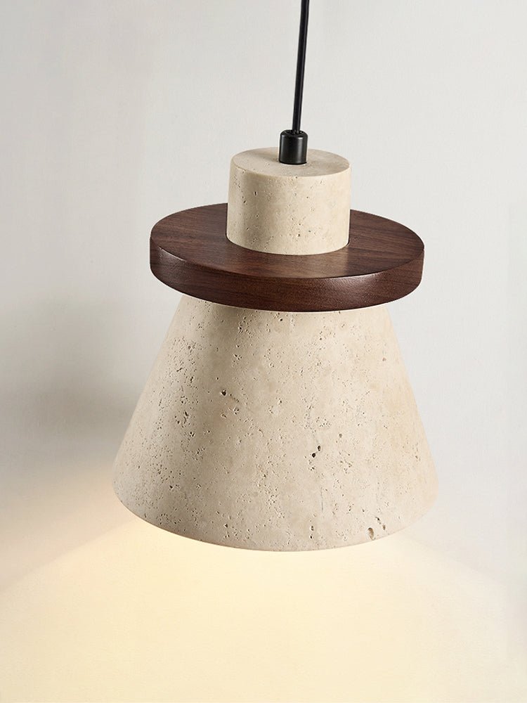 Terrona Ring Pendant Light in Natural Travertine and Walnut Wood