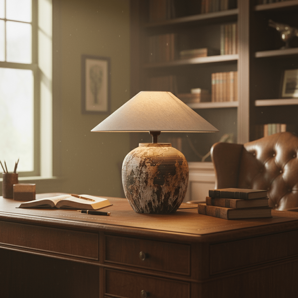 Artisan Ceramic Jar Table Lamp with Linen Shade for Bedroom and Living Room