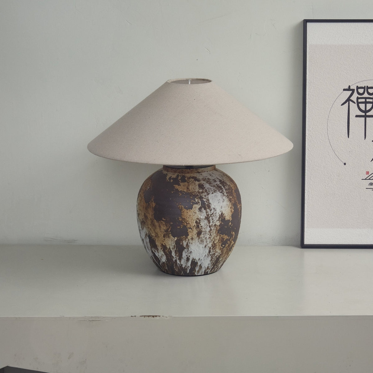 Artisan Ceramic Jar Table Lamp with Linen Shade for Bedroom and Living Room