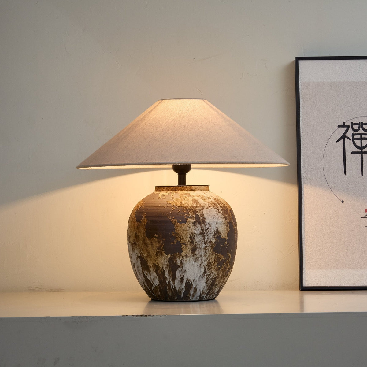 Artisan Ceramic Jar Table Lamp with Linen Shade for Bedroom and Living Room