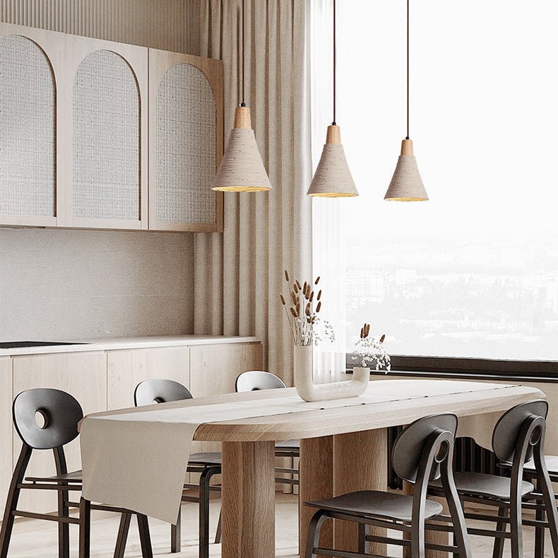 Artisan Microcement Cone Pendant Light with Wood Accent for Modern Interiors