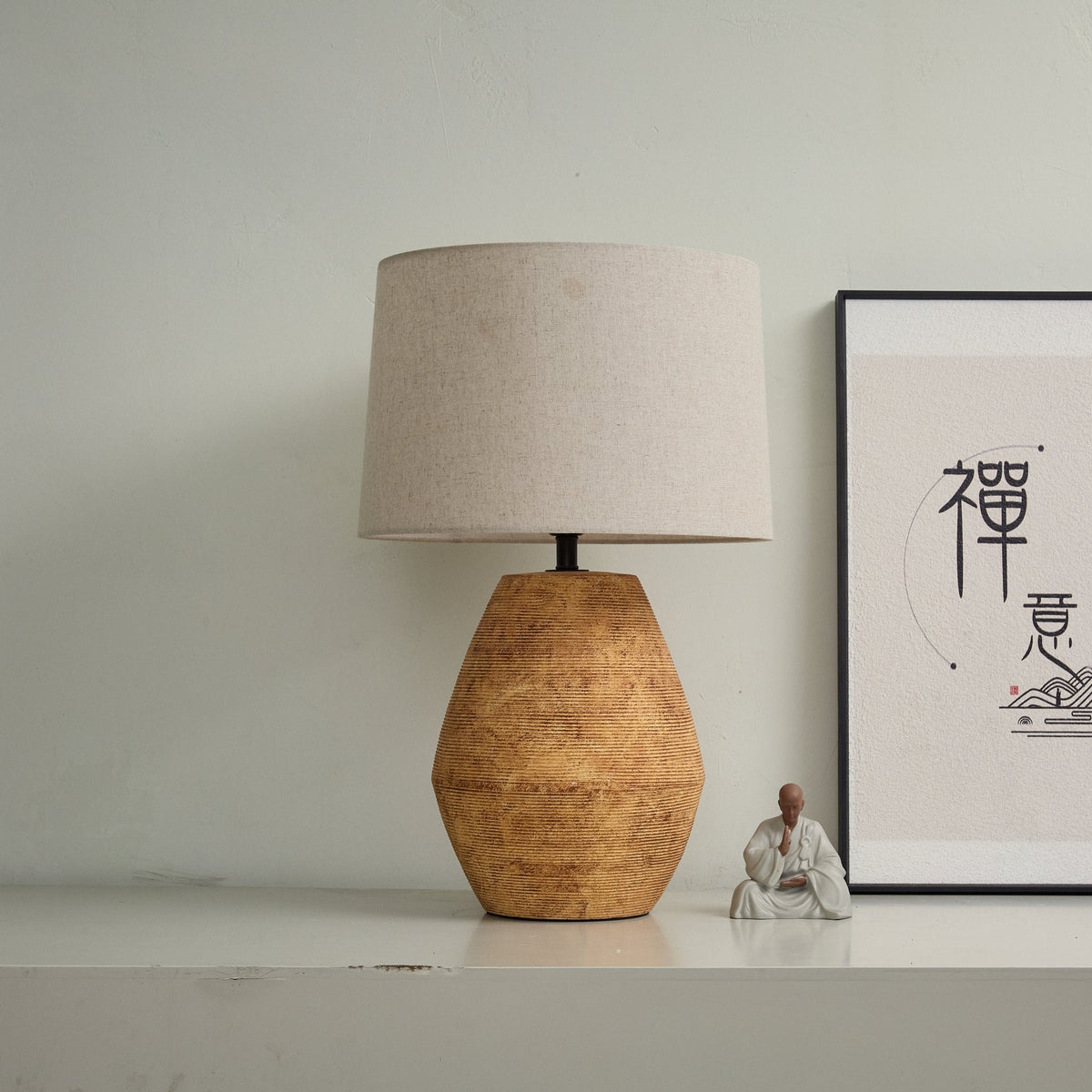 Terracotta Textured Table Lamp with Linen Shade for Modern Interiors