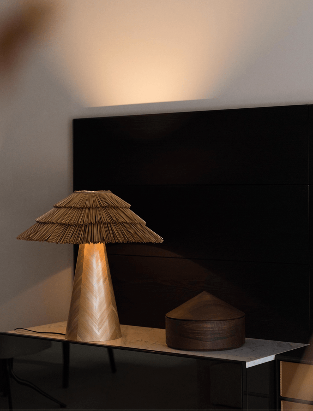 Artisan Straw Table Lamp with Wood Veneer Base for Modern Interiors