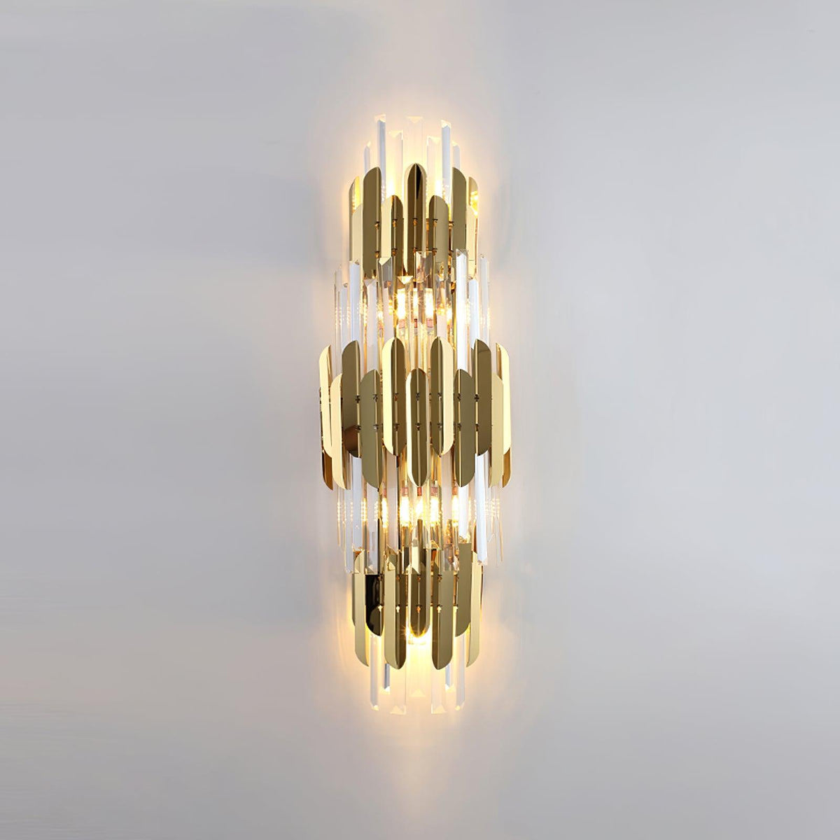 Theoretical Three-Layer Crystal Wall Light in Gold Stainless Steel