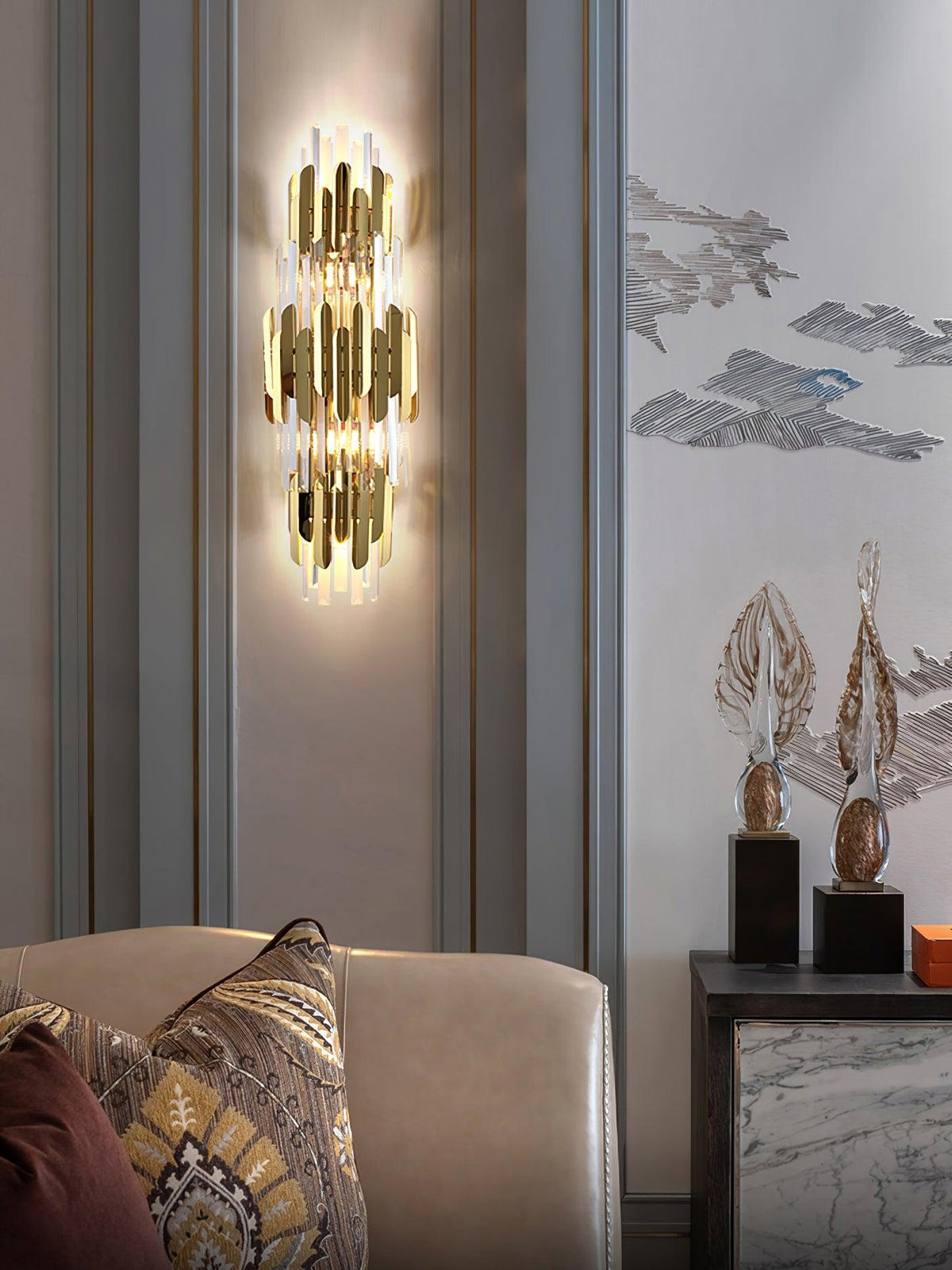 Theoretical Three-Layer Crystal Wall Light in Gold Stainless Steel
