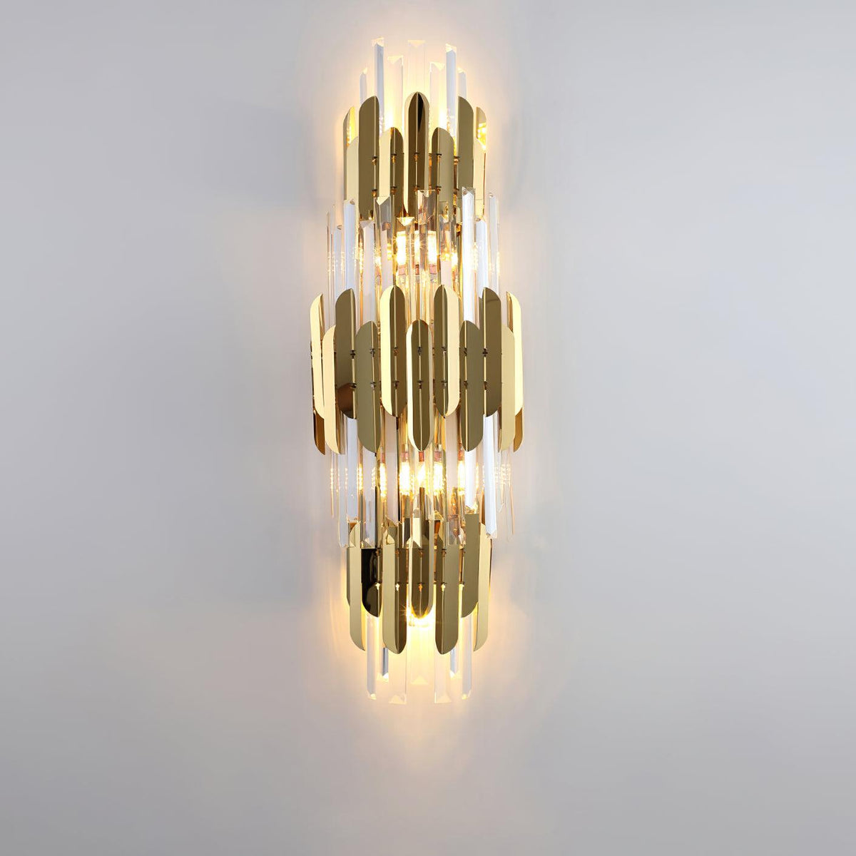 Theoretical Three-Layer Crystal Wall Light in Gold Stainless Steel