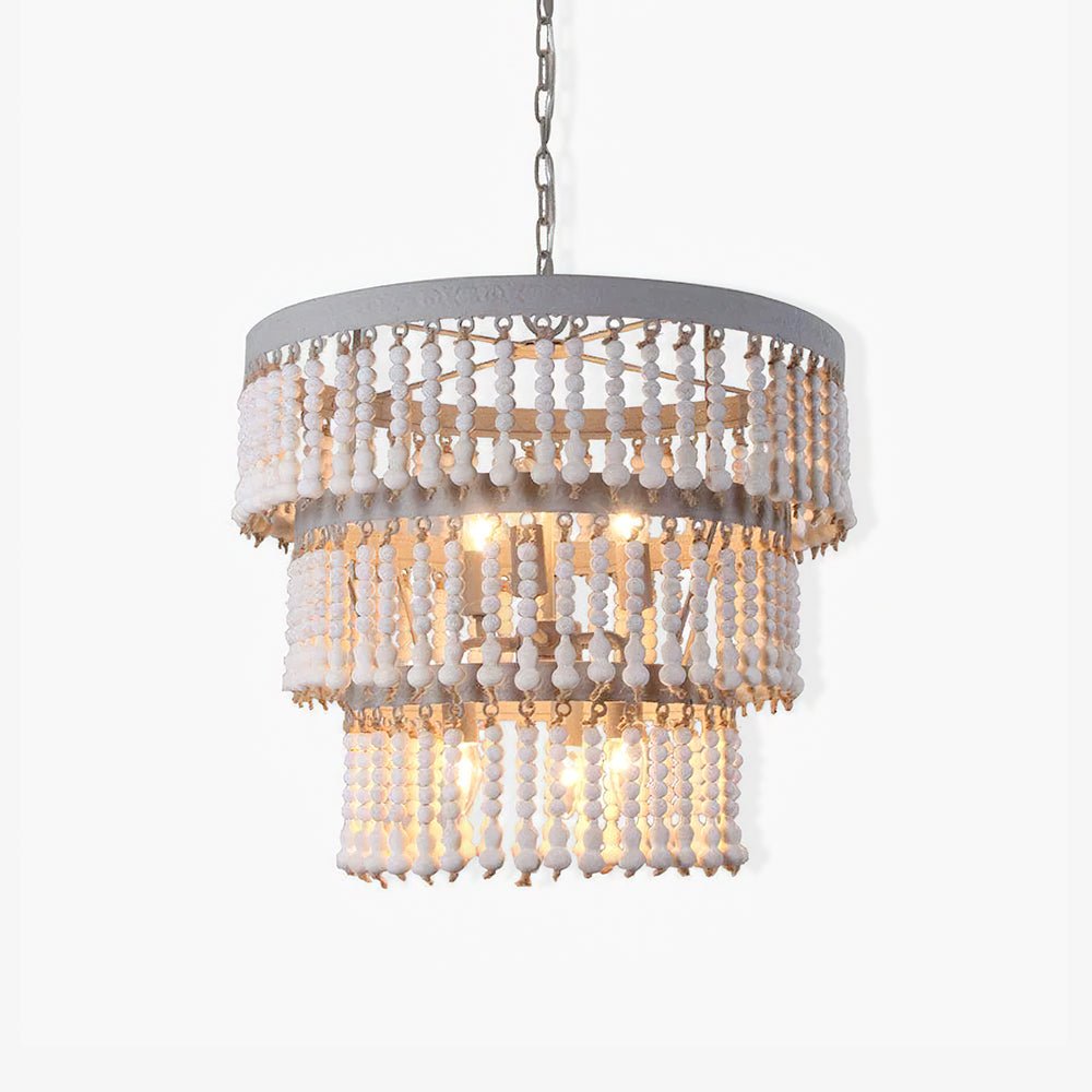 Three-Tier Wood Bead Chandelier with Distressed White Finish