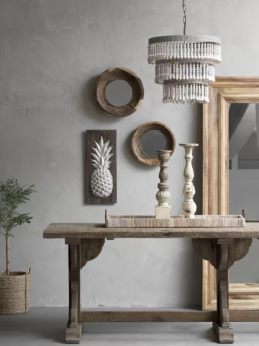 Three-Tier Wood Bead Chandelier with Distressed White Finish