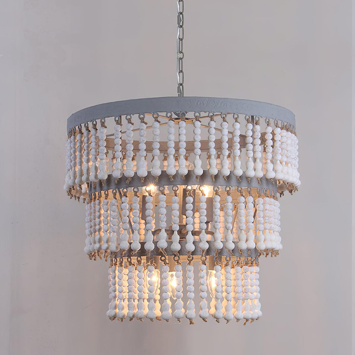 Three-Tier Wood Bead Chandelier with Distressed White Finish
