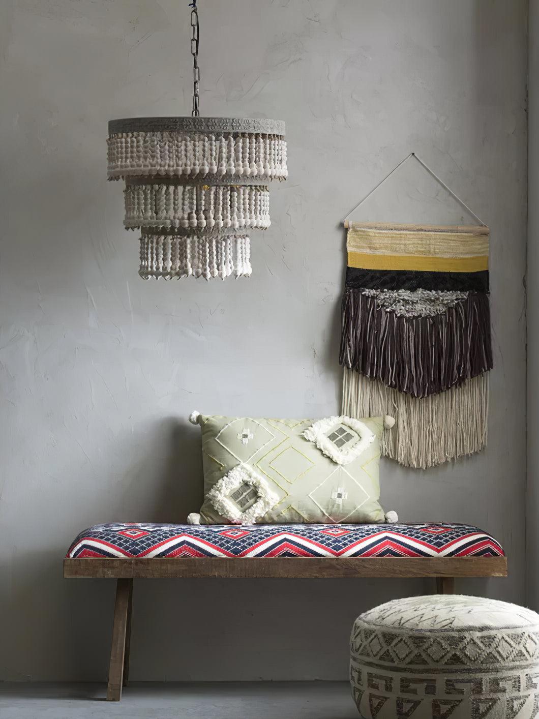 Three-Tier Wood Bead Chandelier with Distressed White Finish