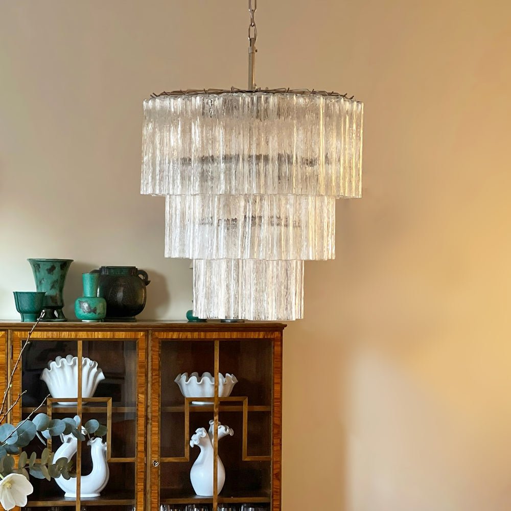 Tiered Glass Tube Chandelier with Nickel Finish for Modern Interiors