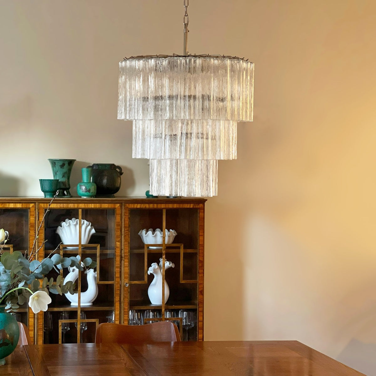 Tiered Glass Tube Chandelier with Nickel Finish for Modern Interiors