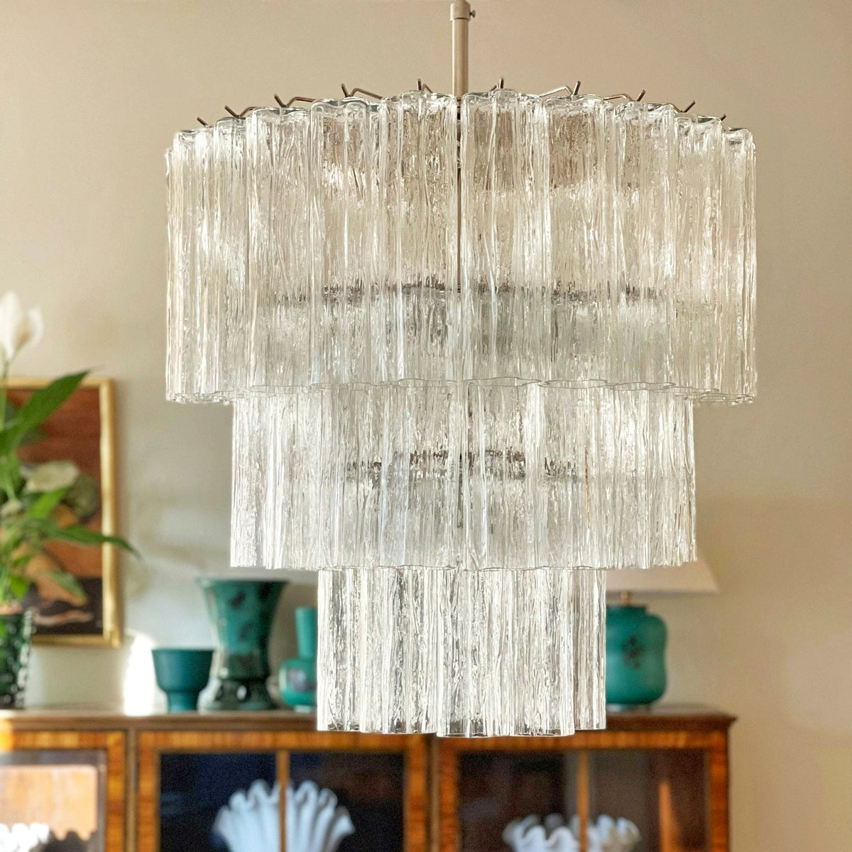 Tiered Glass Tube Chandelier with Nickel Finish for Modern Interiors