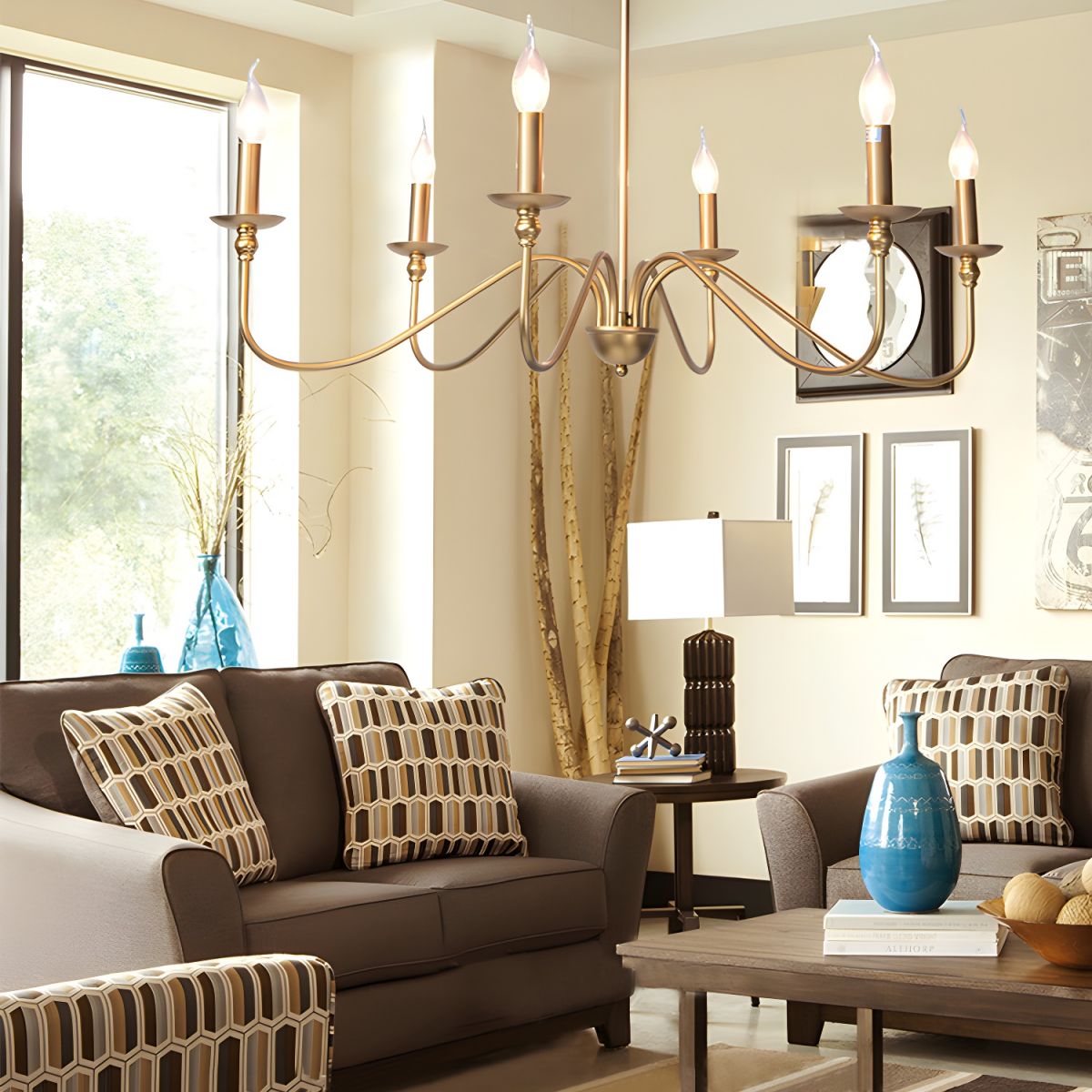 Sculpted Candle Chandelier in Antique Brass, Matte Black, or Brushed Nickel