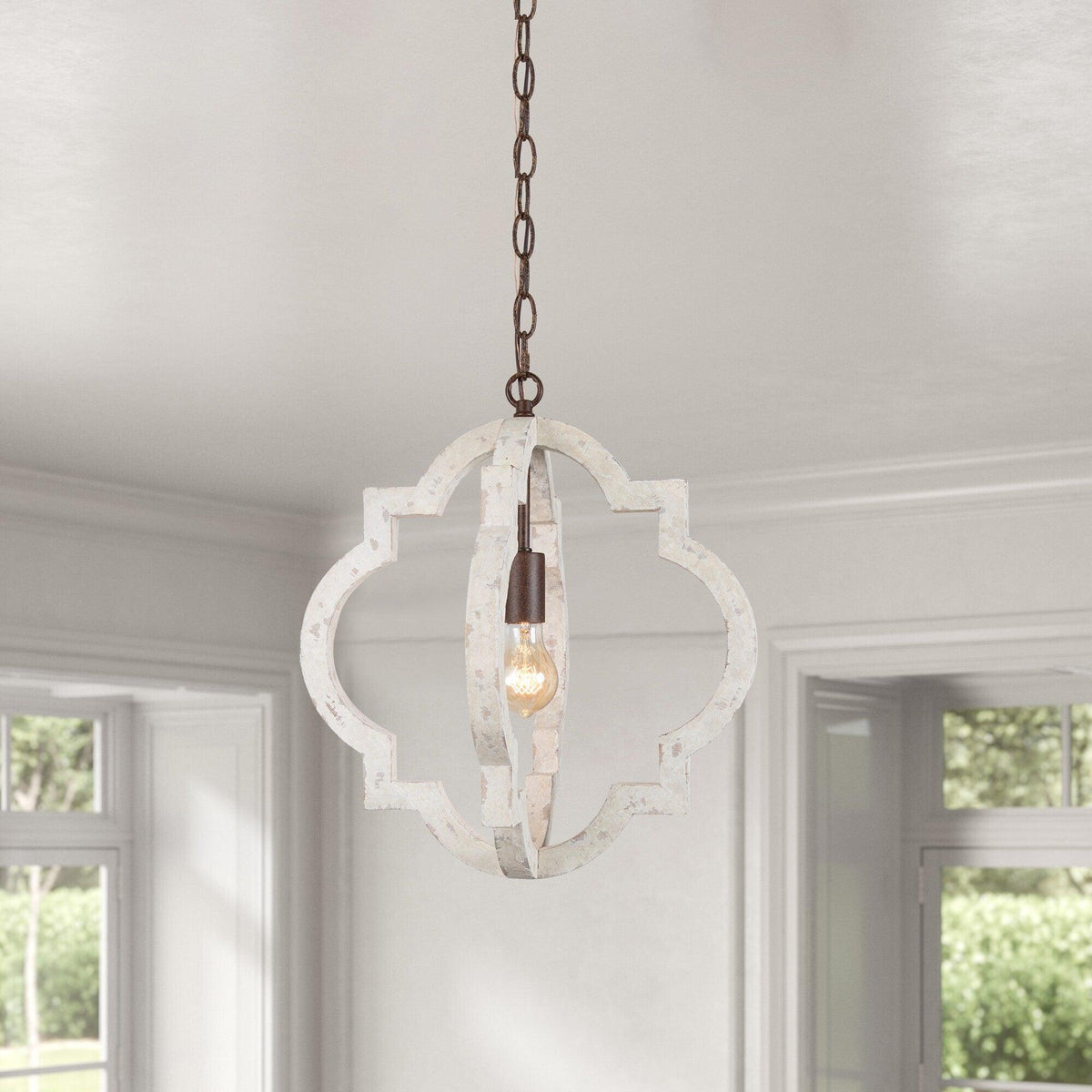 Artisan Wood Globe Chandelier with Geometric Quatrefoil Design