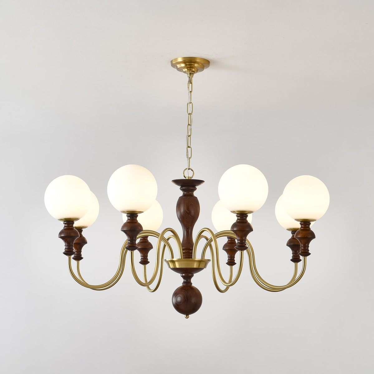 Timeless Globe Chandelier with Wood & Brass Accents – Modern Designer Pendant Light